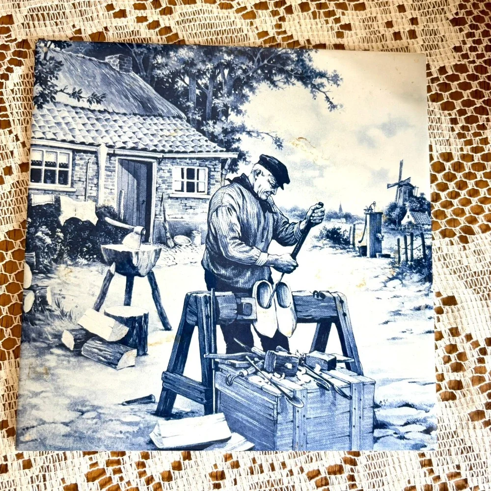 Vintage 1980s Royal Mosa Holland Delft Blue Ceramic Tiles 4-Piece Set 6